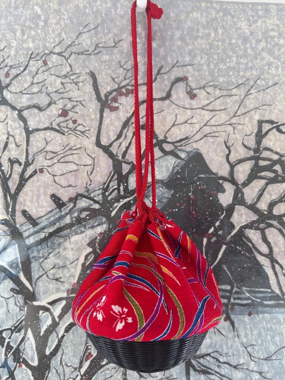 Mini Kinchaku Kimono Bag/Purse, Drawstring Closure & Woven Bamboo Base